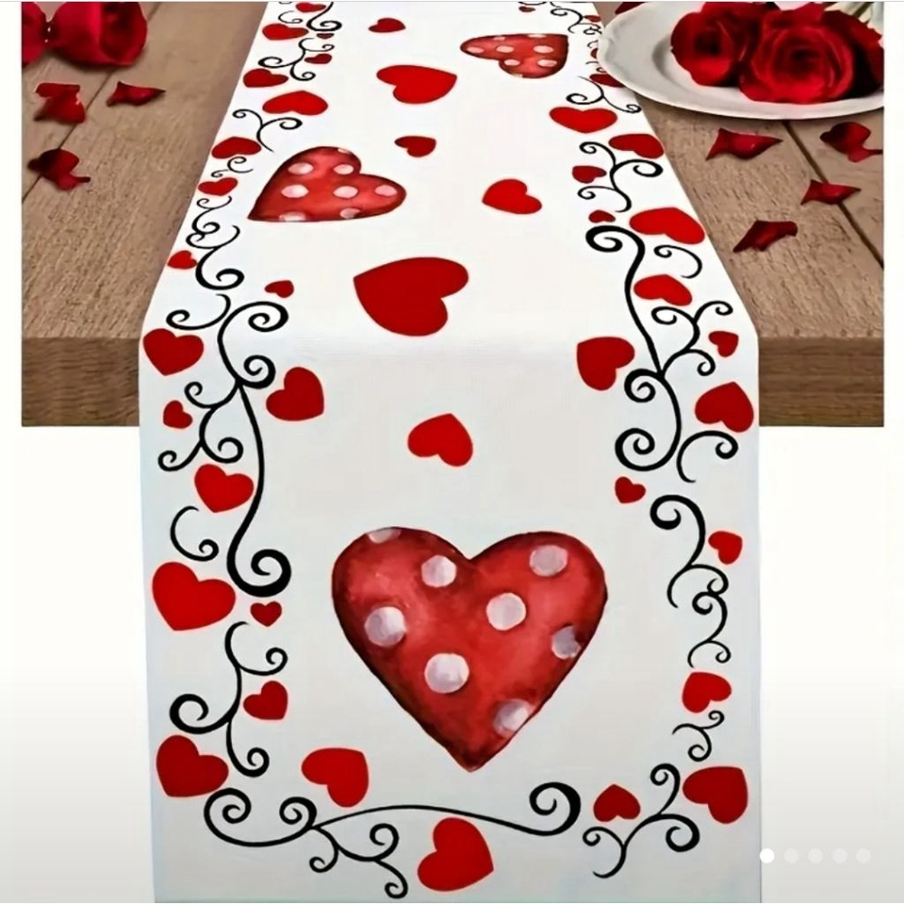 Table Runner 36 in x 13 in White with Red Hearts